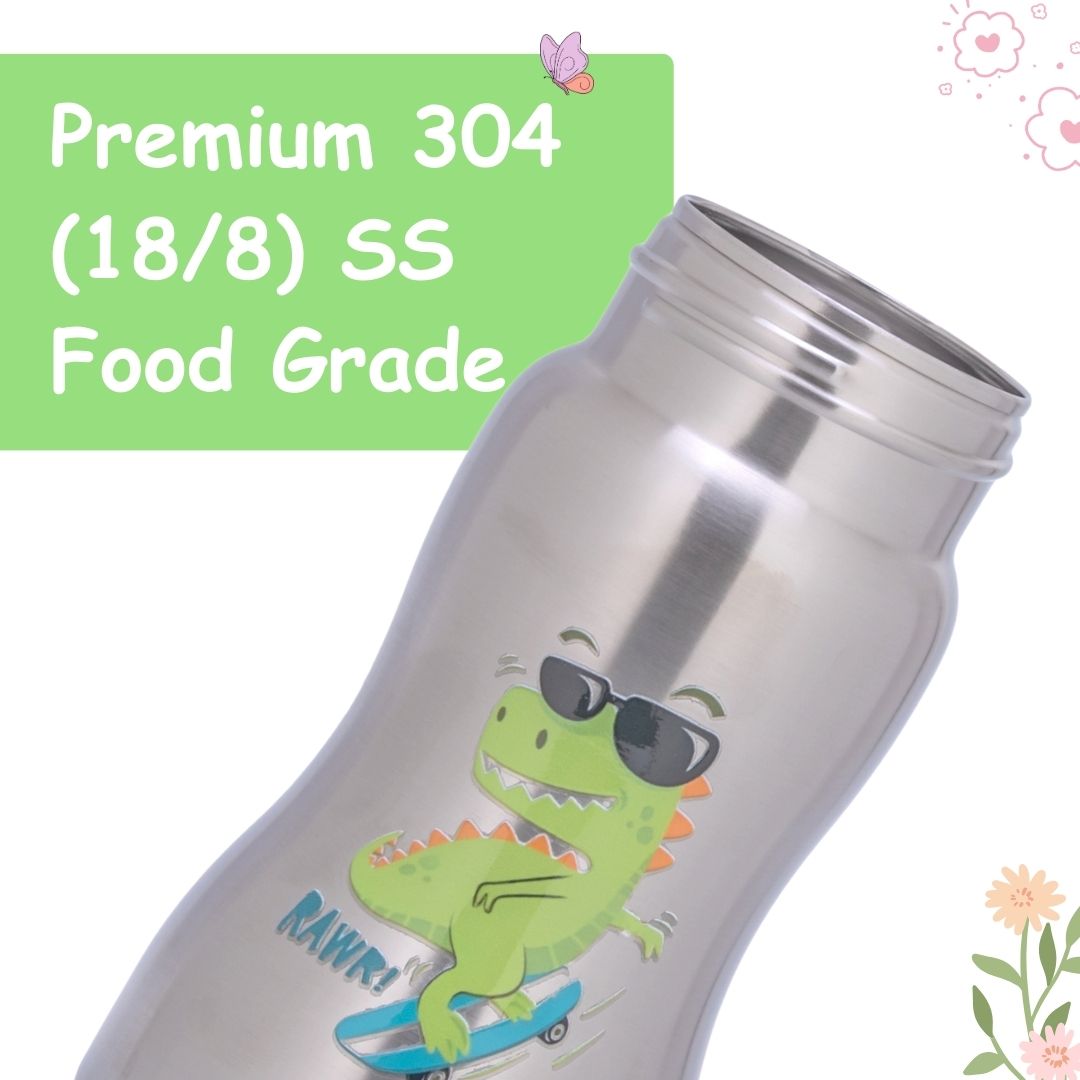 Adore Gracious! Stainless Steel Straw Sipper with Twin Handle 290ml- Green Dino