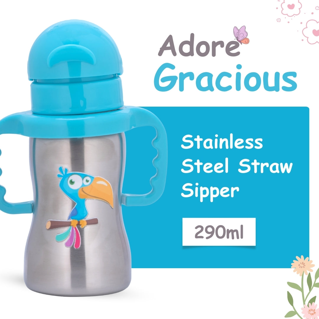 Adore Gracious! Stainless Steel Straw Sipper with Twin Handle 290ml- Blue Toucan