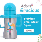 Adore Gracious! Stainless Steel Straw Sipper with Twin Handle 290ml- Blue Toucan