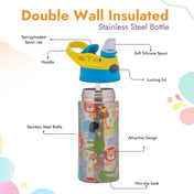 Adore Helios! Double Wall Insulated Stainless Steel Sipper 350ml- Blue Animals