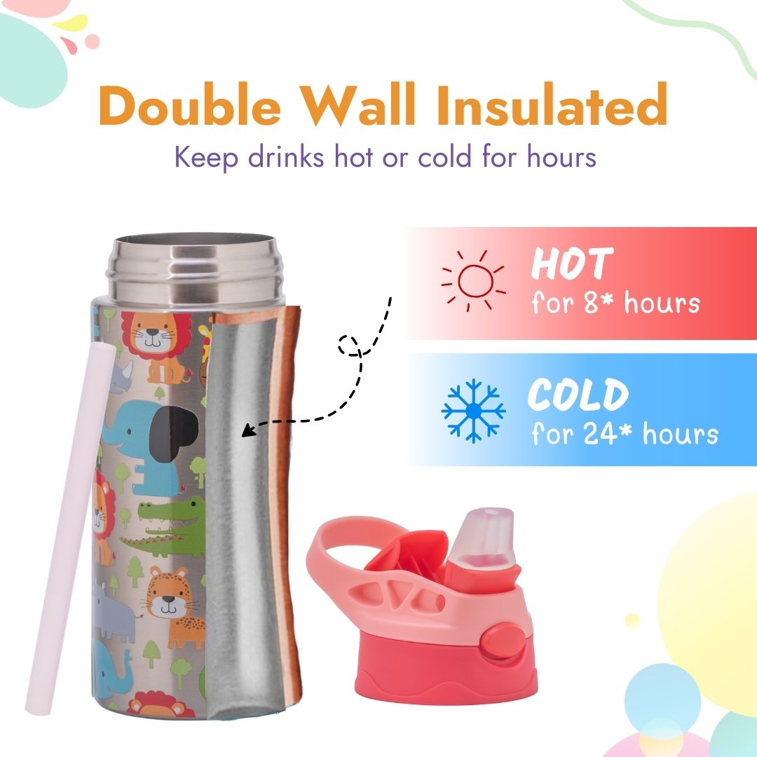 Adore Helios! Double Wall Insulated Stainless Steel Sipper 350ml- Blue Animals