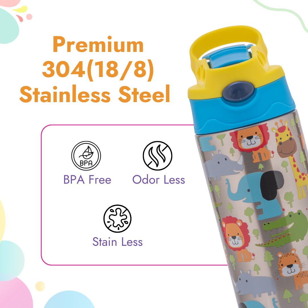 Adore Helios! Double Wall Insulated Stainless Steel Sipper 350ml- Blue Animals