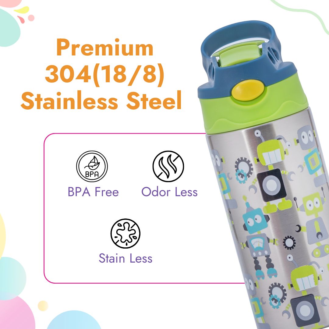 Adore Helios! Double Wall Insulated Stainless Steel Sipper 350ml - Green Robo