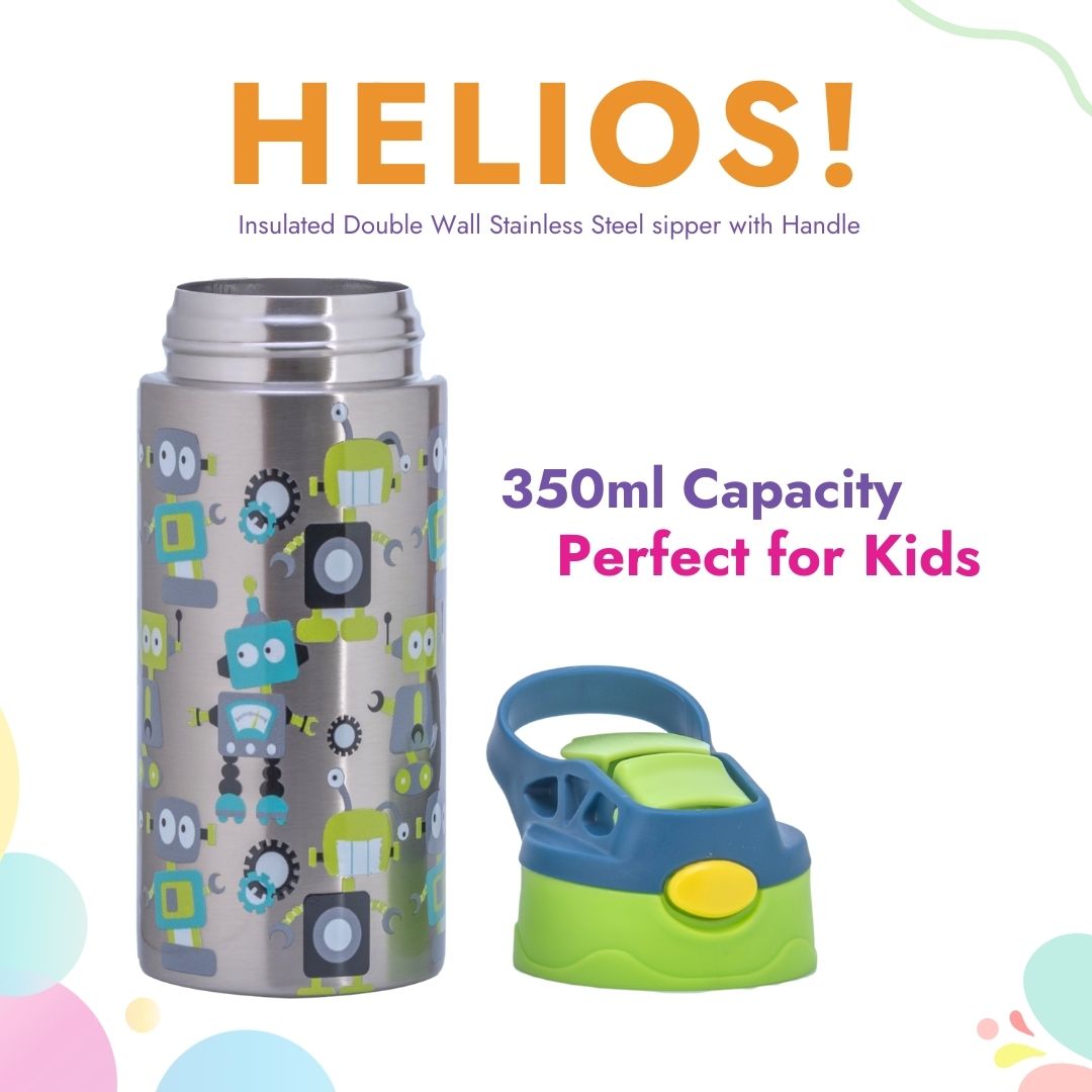 Adore Helios! Double Wall Insulated Stainless Steel Sipper 350ml - Green Robo