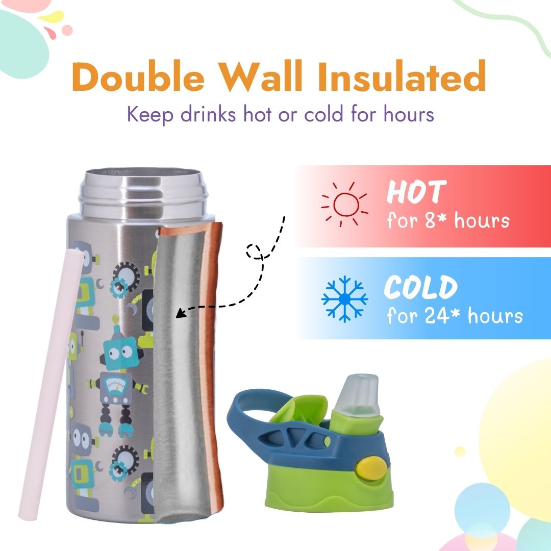 Adore Helios! Double Wall Insulated Stainless Steel Sipper 350ml - Green Robo