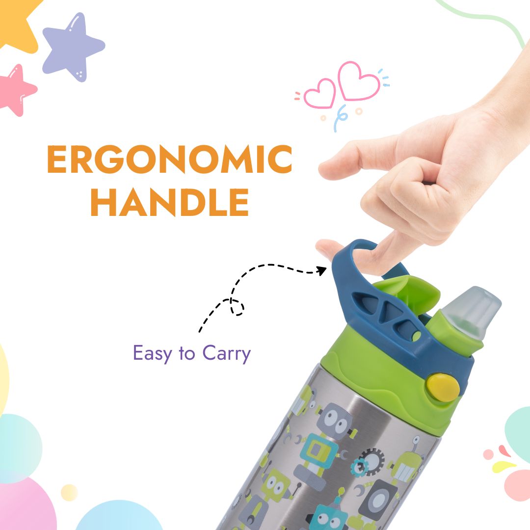 Adore Helios! Double Wall Insulated Stainless Steel Sipper 350ml - Green Robo