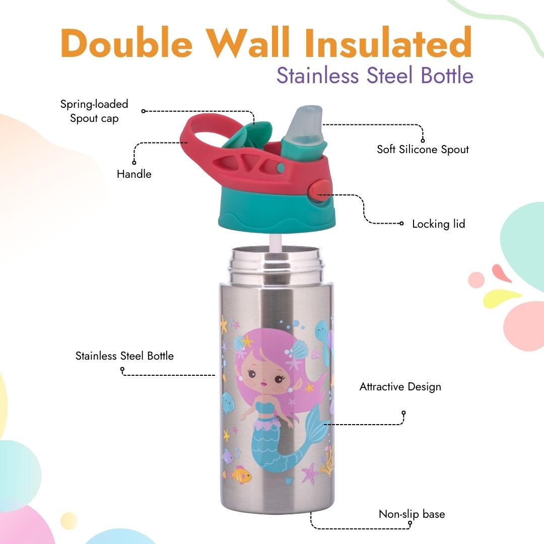 Adore Helios! Double Wall Insulated Stainless Steel Sipper 350ml- Pink Mermaid