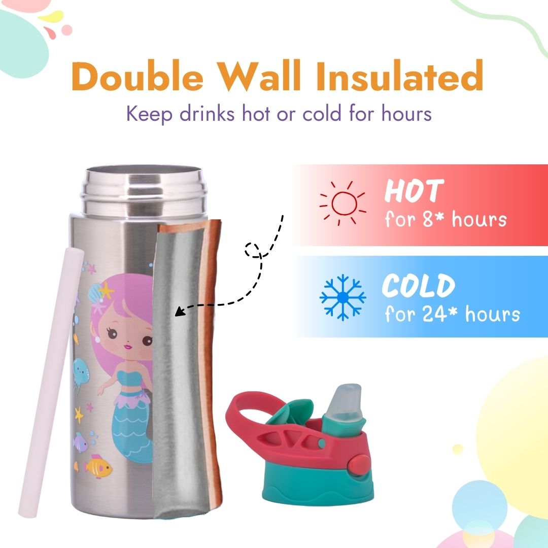 Adore Helios! Double Wall Insulated Stainless Steel Sipper 350ml- Pink Mermaid