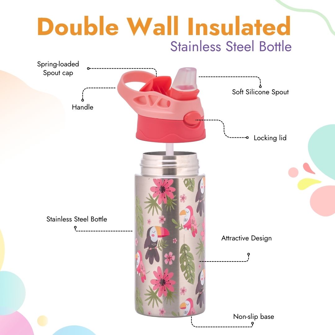 Adore Helios! Double Wall Insulated Stainless Steel Sipper 350ml- Pink Birds