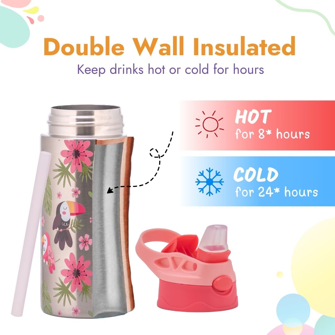 Adore Helios! Double Wall Insulated Stainless Steel Sipper 350ml- Pink Birds
