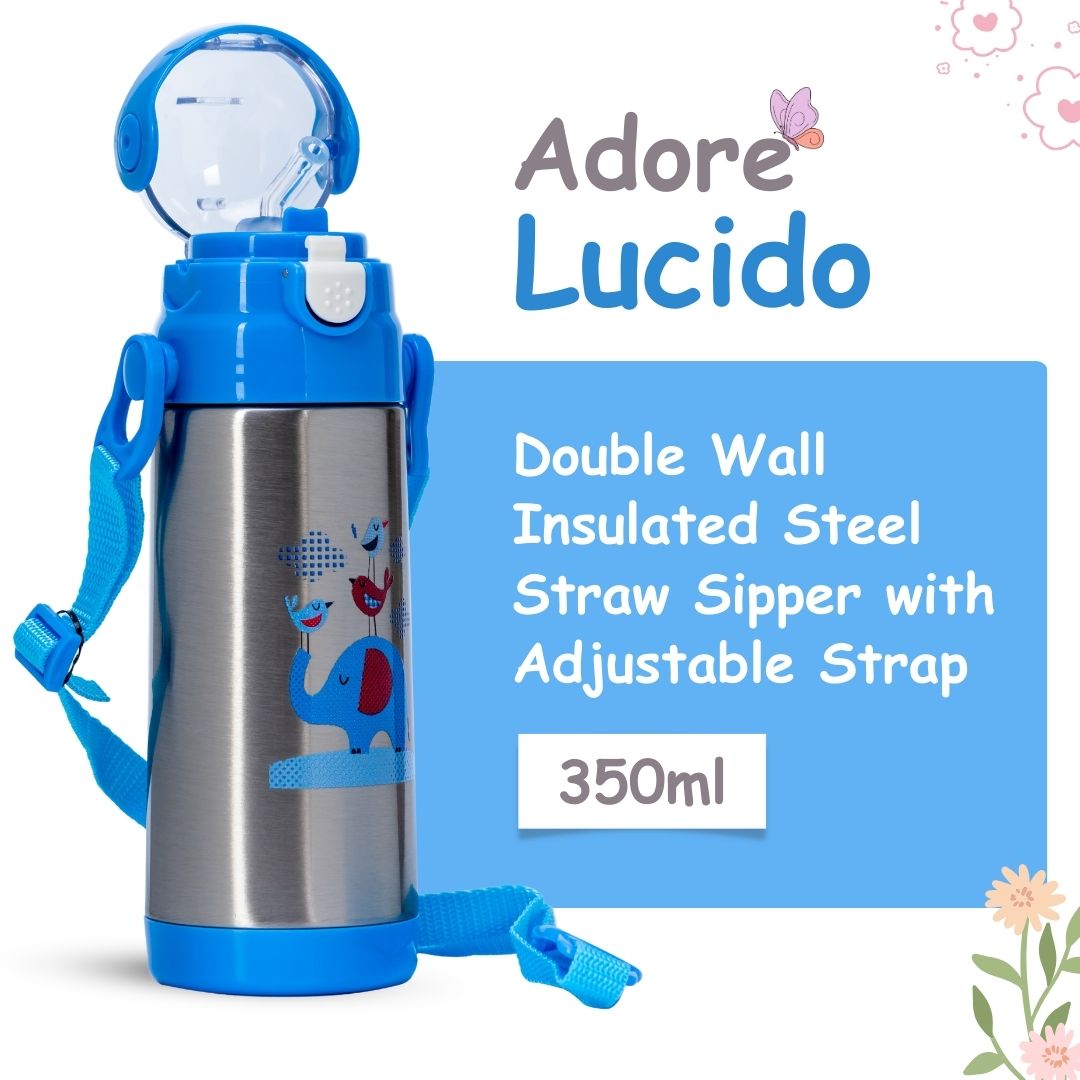 Adore Lucido Double Wall insulated Straw Sipper with Adjustable Strap - 350ml Blue