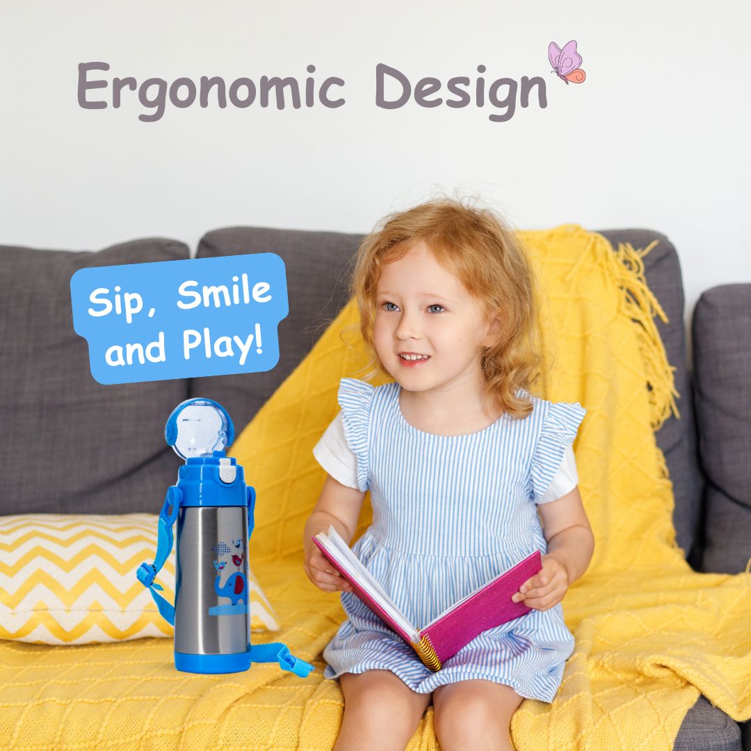 Adore Lucido Double Wall insulated Straw Sipper with Adjustable Strap - 350ml Blue