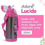 Adore Lucido Double Wall insulated Straw Sipper with Adjustable Strap - 350ml Pink