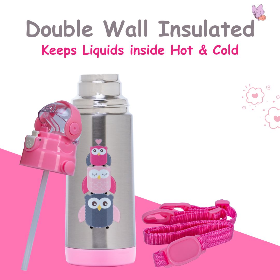 Adore Lucido Double Wall insulated Straw Sipper with Adjustable Strap - 350ml Pink