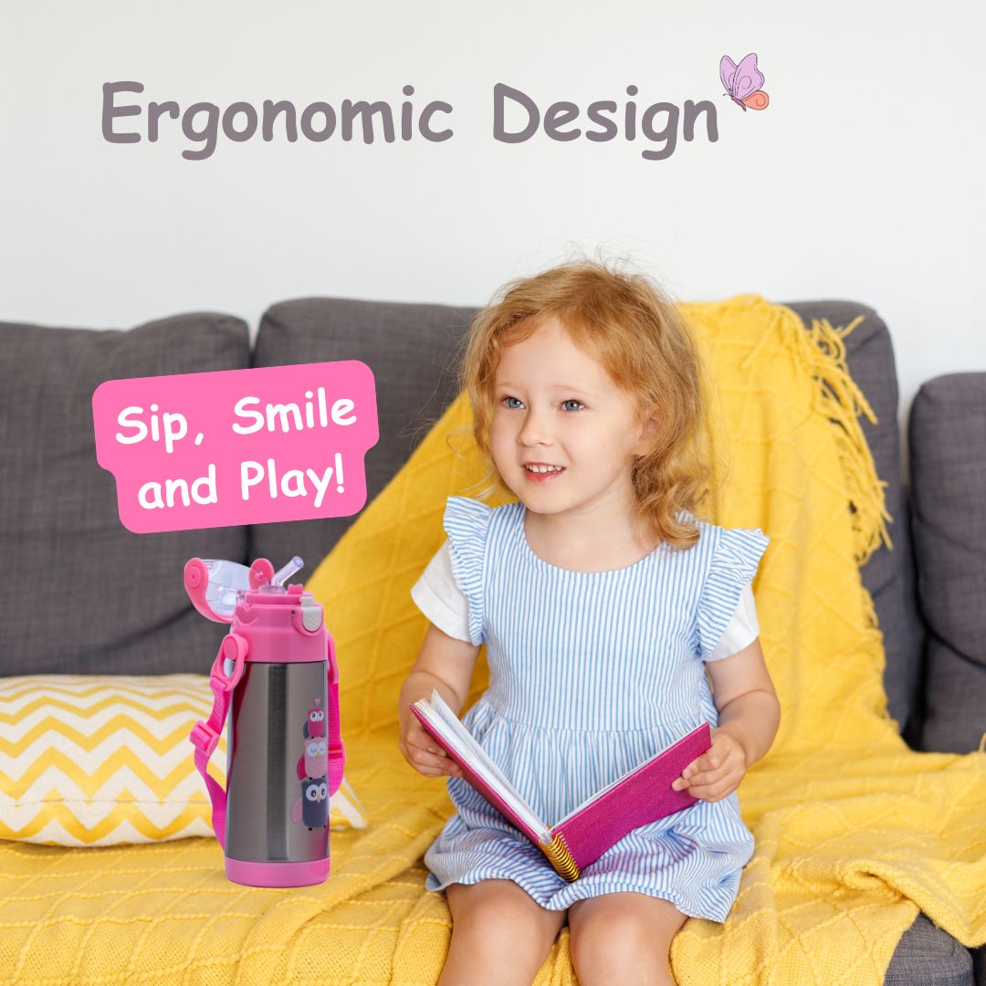 Adore Lucido Double Wall insulated Straw Sipper with Adjustable Strap - 350ml Pink