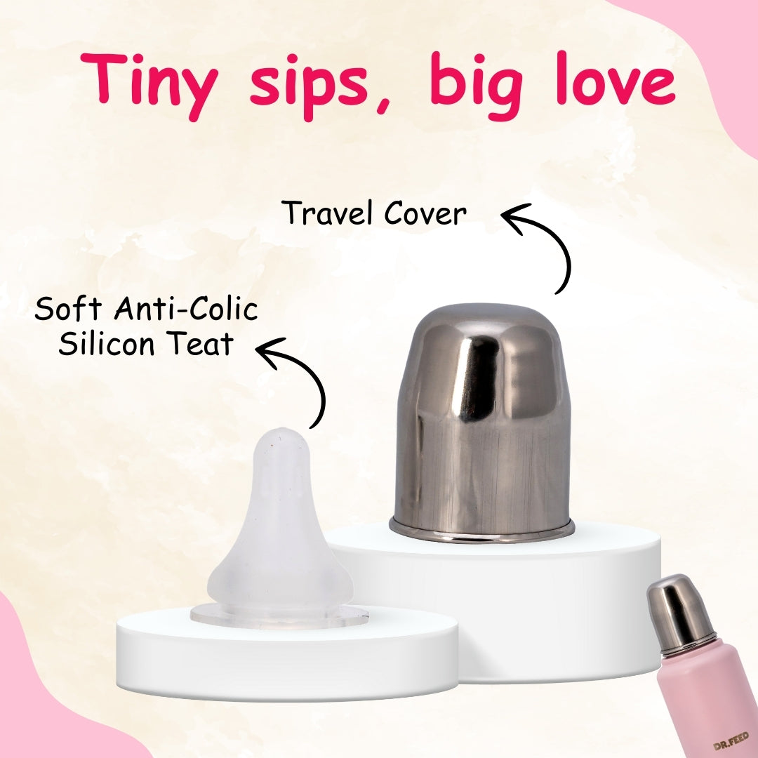 Adore Dr. Feed D1 Stainless Steel Double Wall Insulated Feeding Bottle with Anti- Colic Teat 300ml Pink