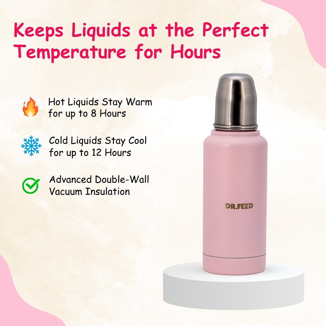 Adore Dr. Feed D1 Stainless Steel Double Wall Insulated Feeding Bottle with Anti- Colic Teat 300ml Pink
