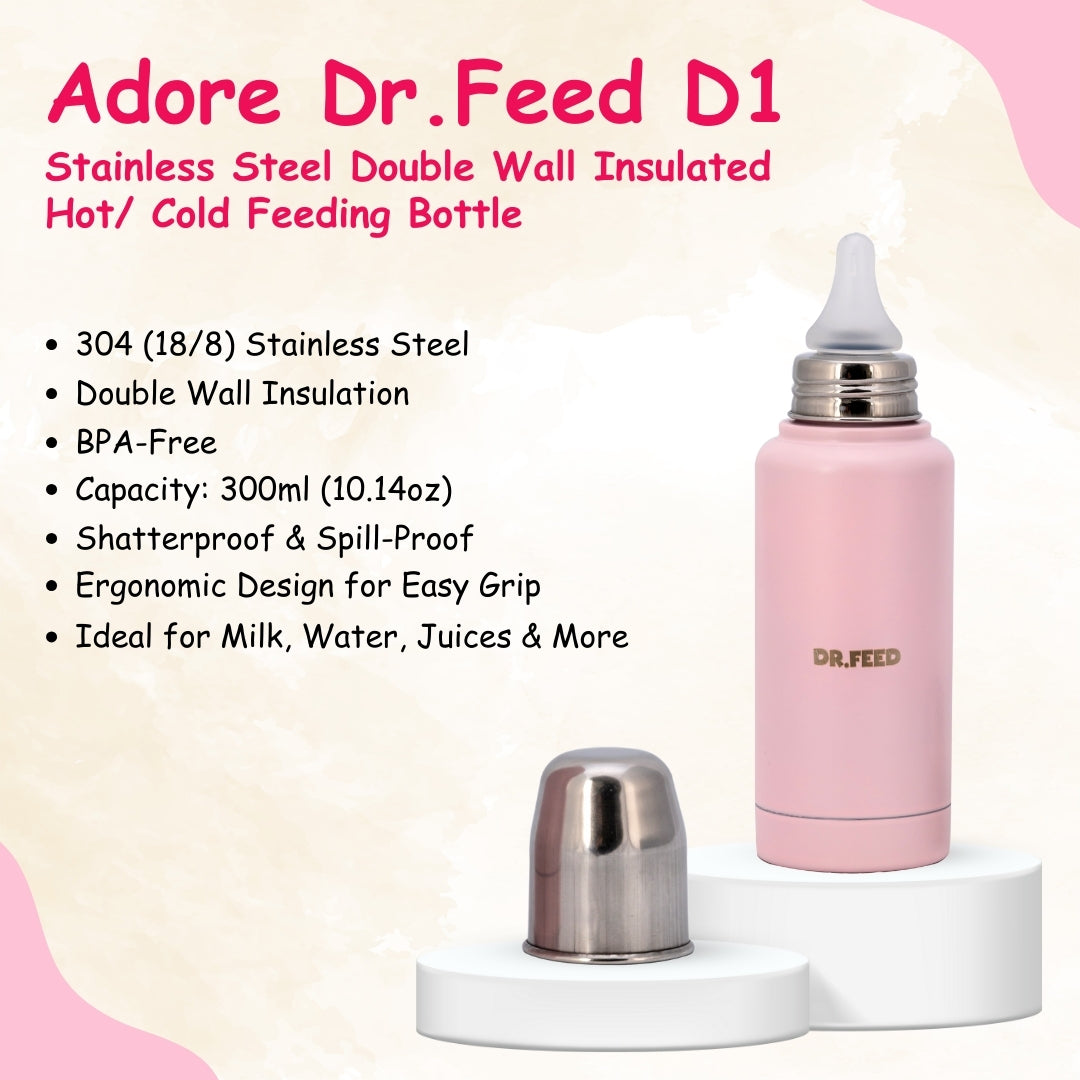 Adore Dr. Feed D1 Stainless Steel Double Wall Insulated Feeding Bottle with Anti- Colic Teat 300ml Pink