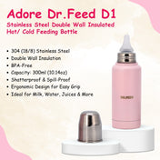 Adore Dr. Feed D1 Stainless Steel Double Wall Insulated Feeding Bottle with Anti- Colic Teat 300ml Pink
