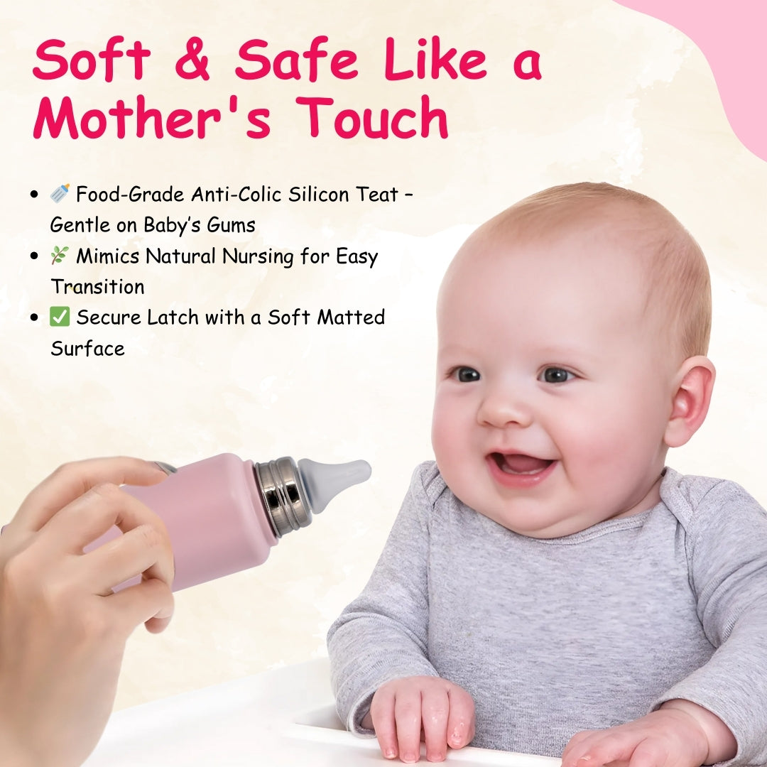 Adore Dr. Feed D1 Stainless Steel Double Wall Insulated Feeding Bottle with Anti- Colic Teat 300ml Pink