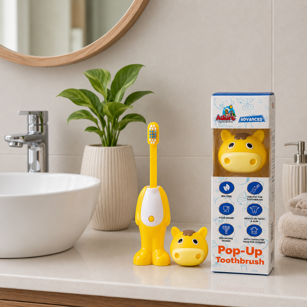 Adore Kids Pop Up Toothbrush with Safety Head Attractive Character - Yellow Cow