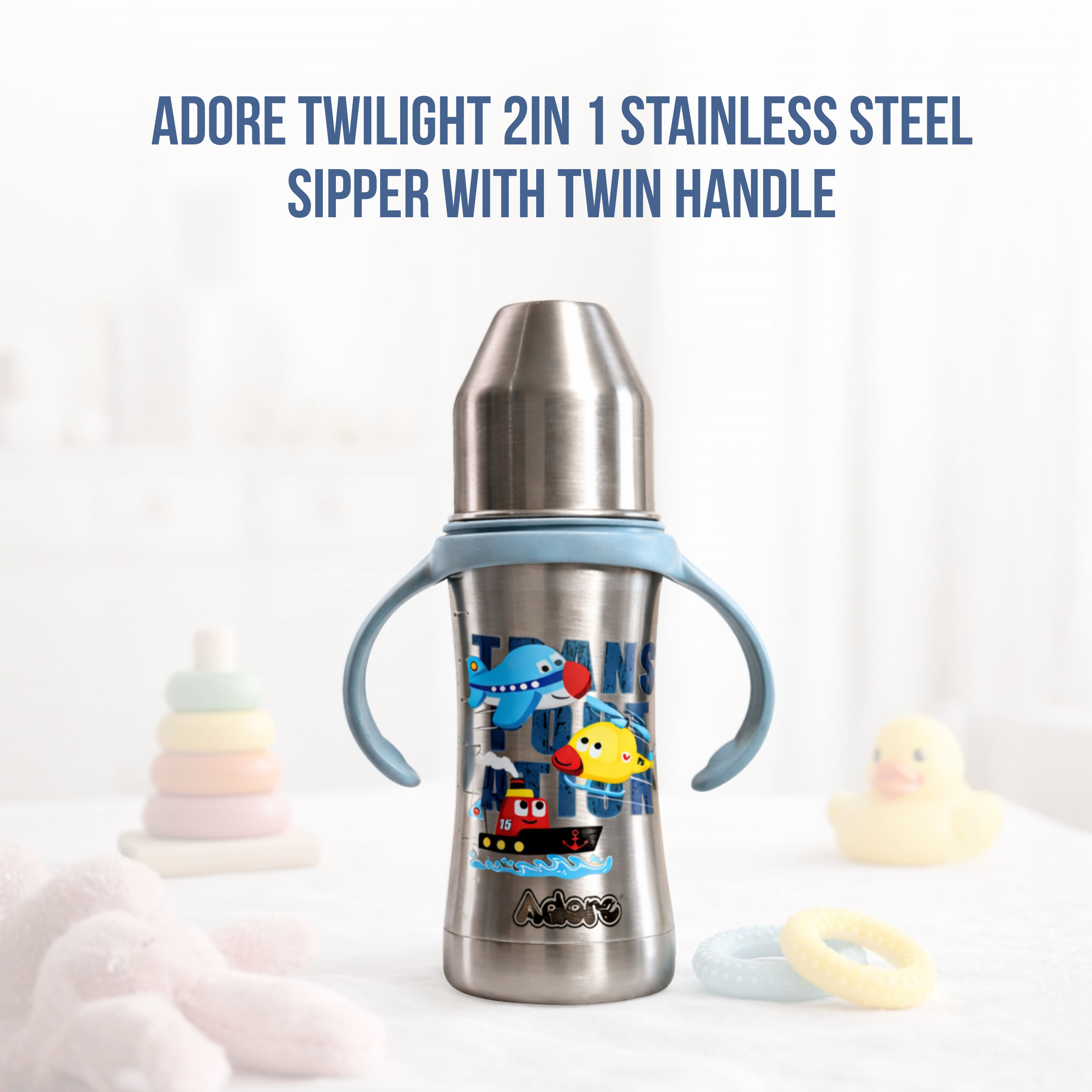 Adore Twilight 2in 1 Stainless Steel Sipper with Twin Handle 250ml - Blue Transport