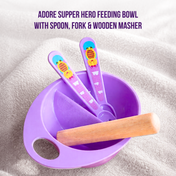 Adore Supper Hero Feeding Bowl with Spoon, Fork & Wooden Masher- Purple