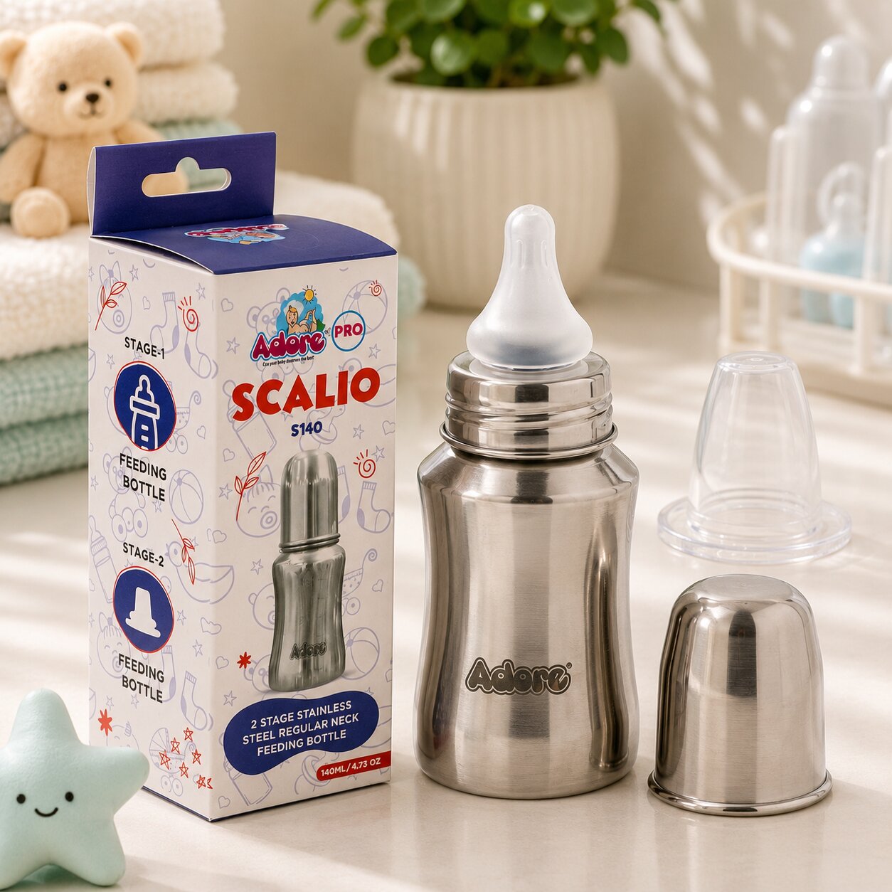 Adore Scalio 2 Stage Stainless Steel Regular Neck Feeding Bottle -140ml