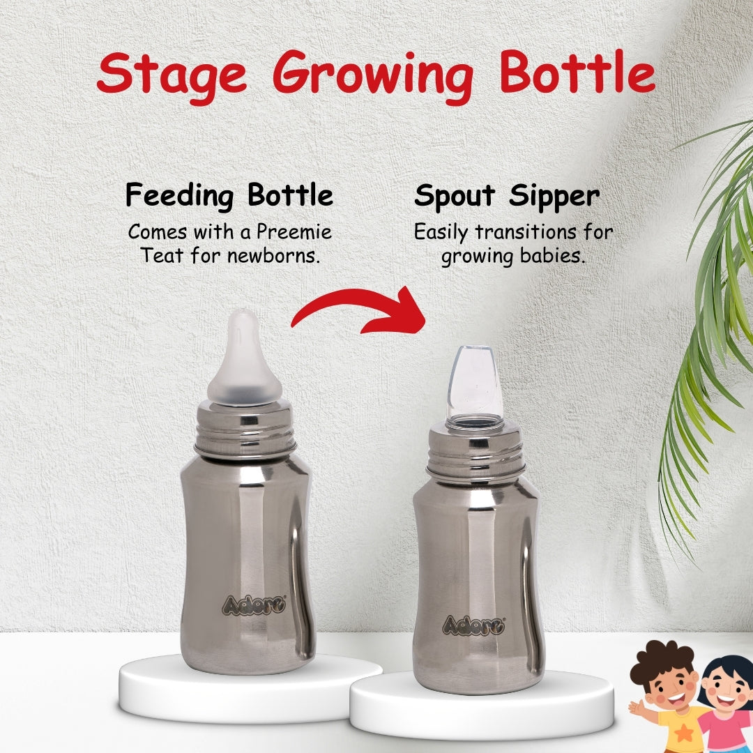 Adore Scalio 2 Stage Stainless Steel Regular Neck Feeding Bottle -140ml