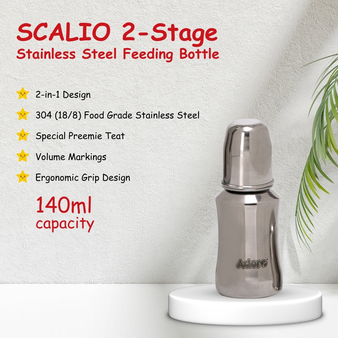 Adore Scalio 2 Stage Stainless Steel Regular Neck Feeding Bottle -140ml