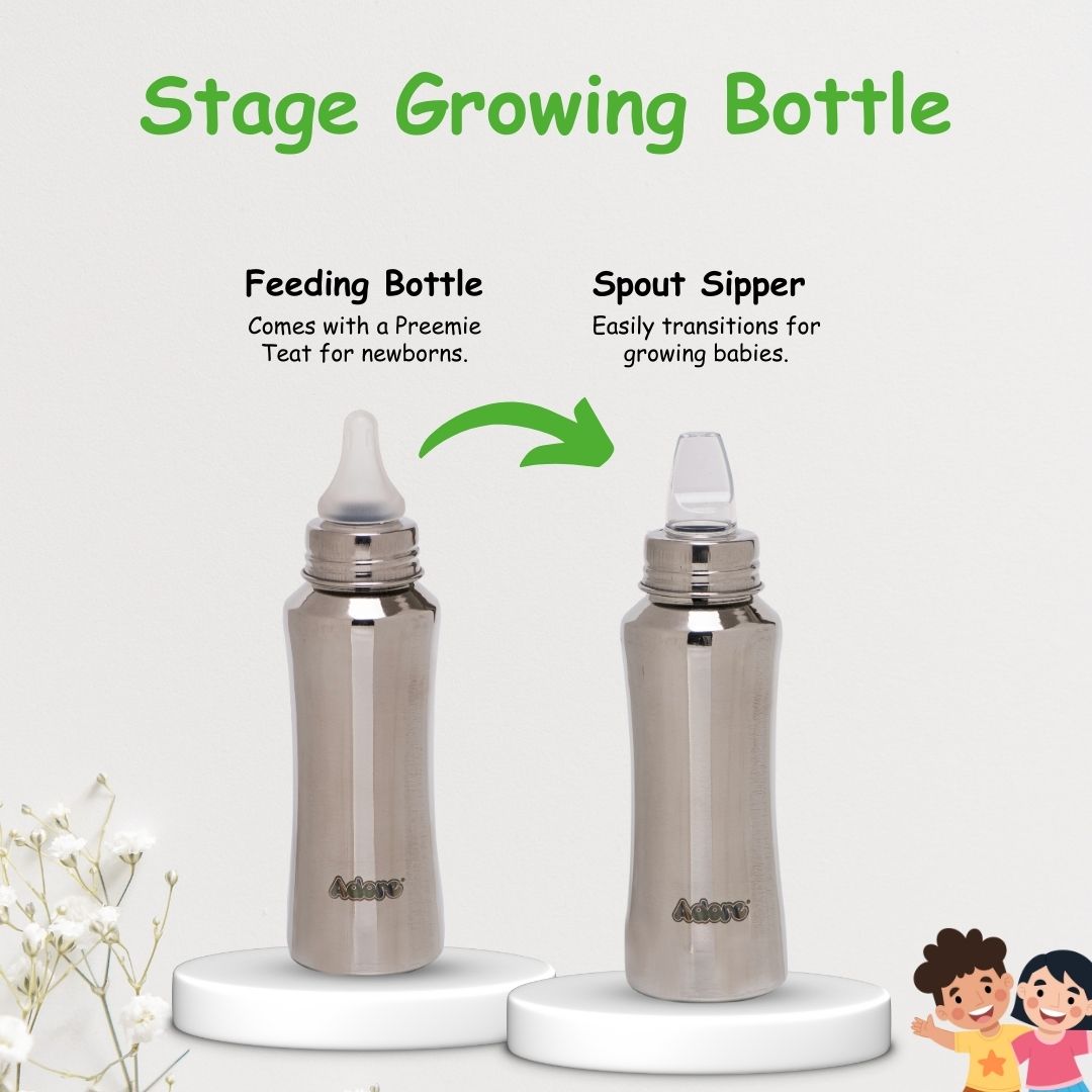 Adore Scalio 2 Stage Stainless Steel Regular Neck Feeding Bottle -240ml