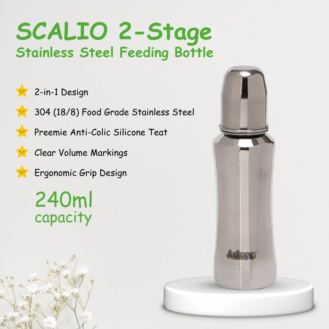 Adore Scalio 2 Stage Stainless Steel Regular Neck Feeding Bottle -240ml