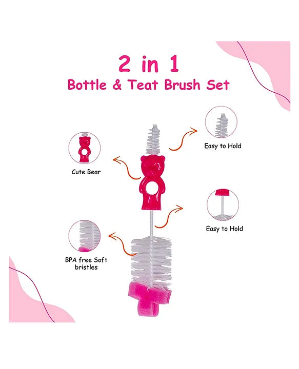 Adore Hola Bear 2 in 1 Bottle Cleaning Brush Kit- Pink