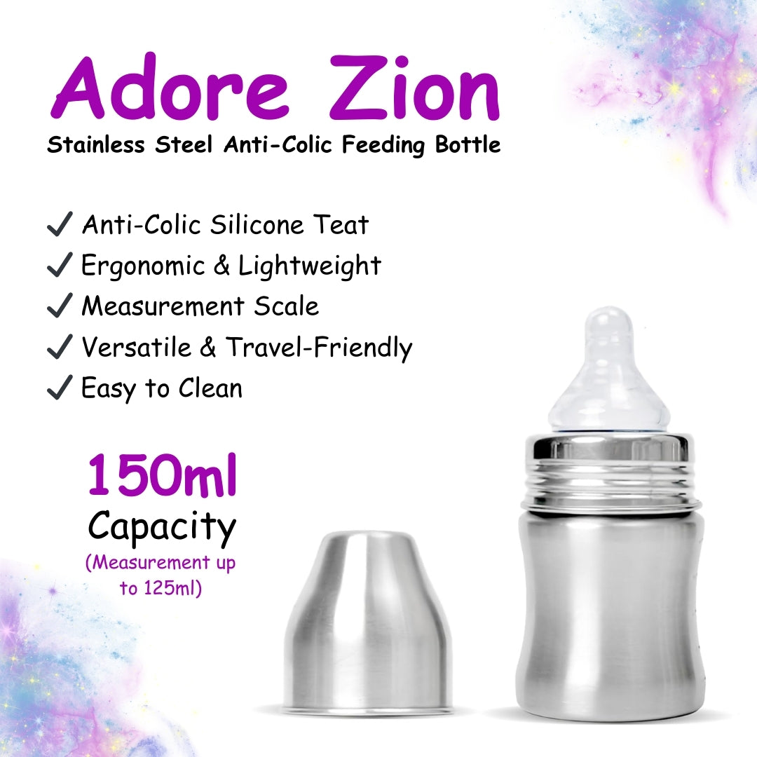 Adore Zion Jr Stainless Steel Wide neck Feeding Bottle with Anti-colic Teat 150ml