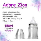 Adore Zion Jr Stainless Steel Wide neck Feeding Bottle with Anti-colic Teat 150ml