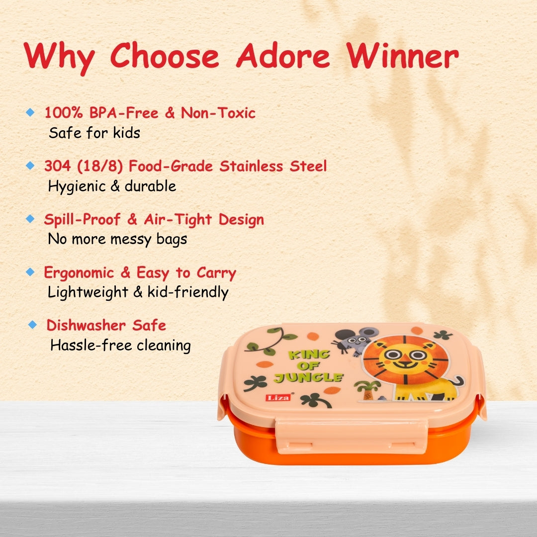 Adore Winner! Kids Stainless Steel Lunch box with Storage Box and Steel Spoon - Orange