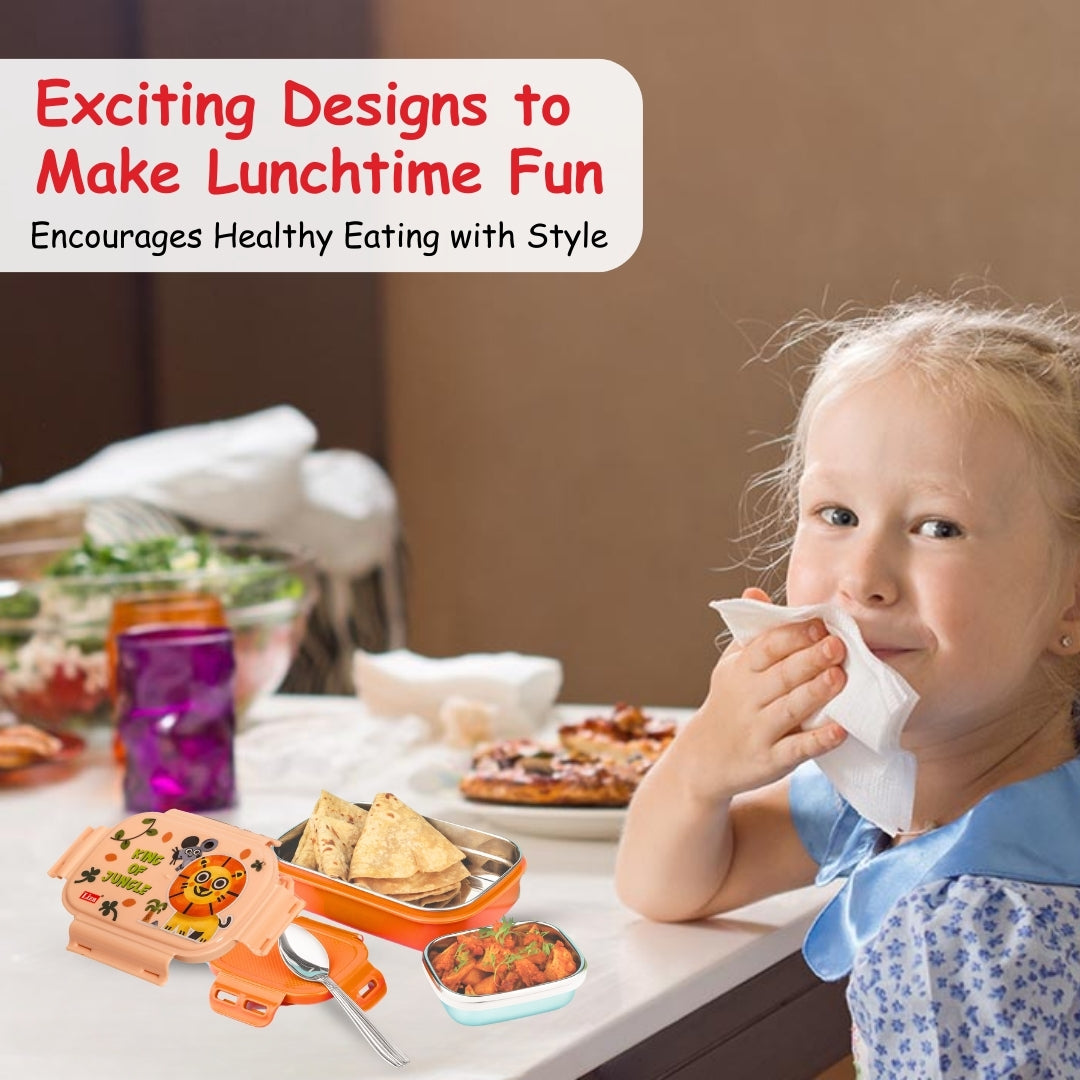 Adore Winner! Kids Stainless Steel Lunch box with Storage Box and Steel Spoon - Orange