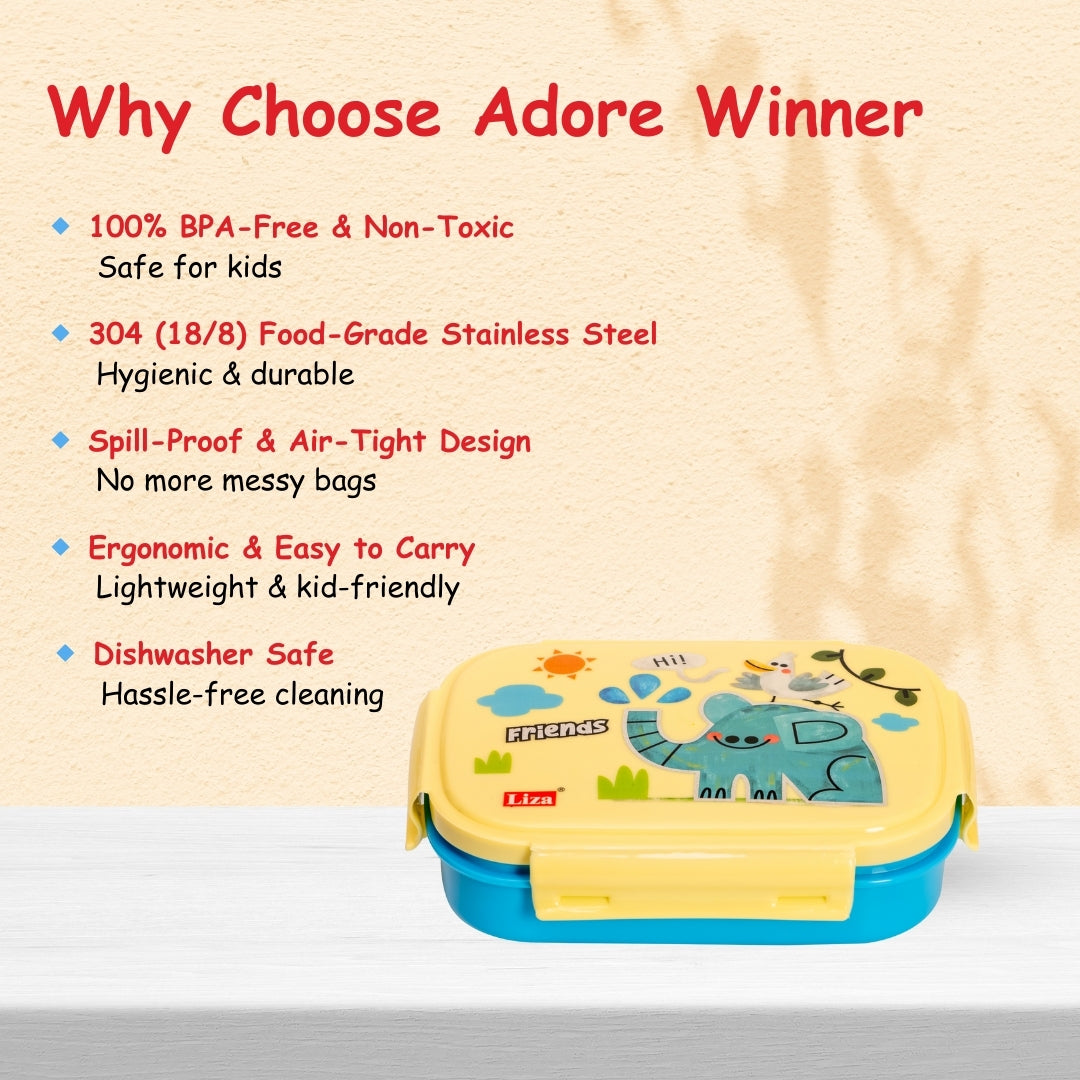 Adore Winner! Kids Stainless Steel Lunch box with Storage Box and Steel Spoon -Blue
