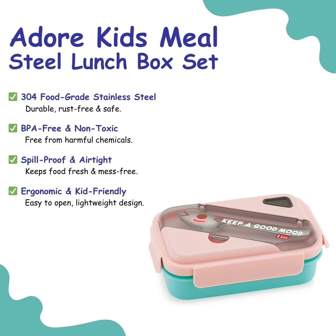 Adore Kids Meal! The Stainless Steel Lunch Box with Inner Box and Steel Spoon -Pink