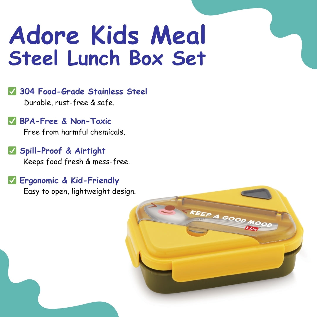 Adore Kids Meal! The Stainless Steel Lunch Box with Inner Box and Steel Spoon - Yellow