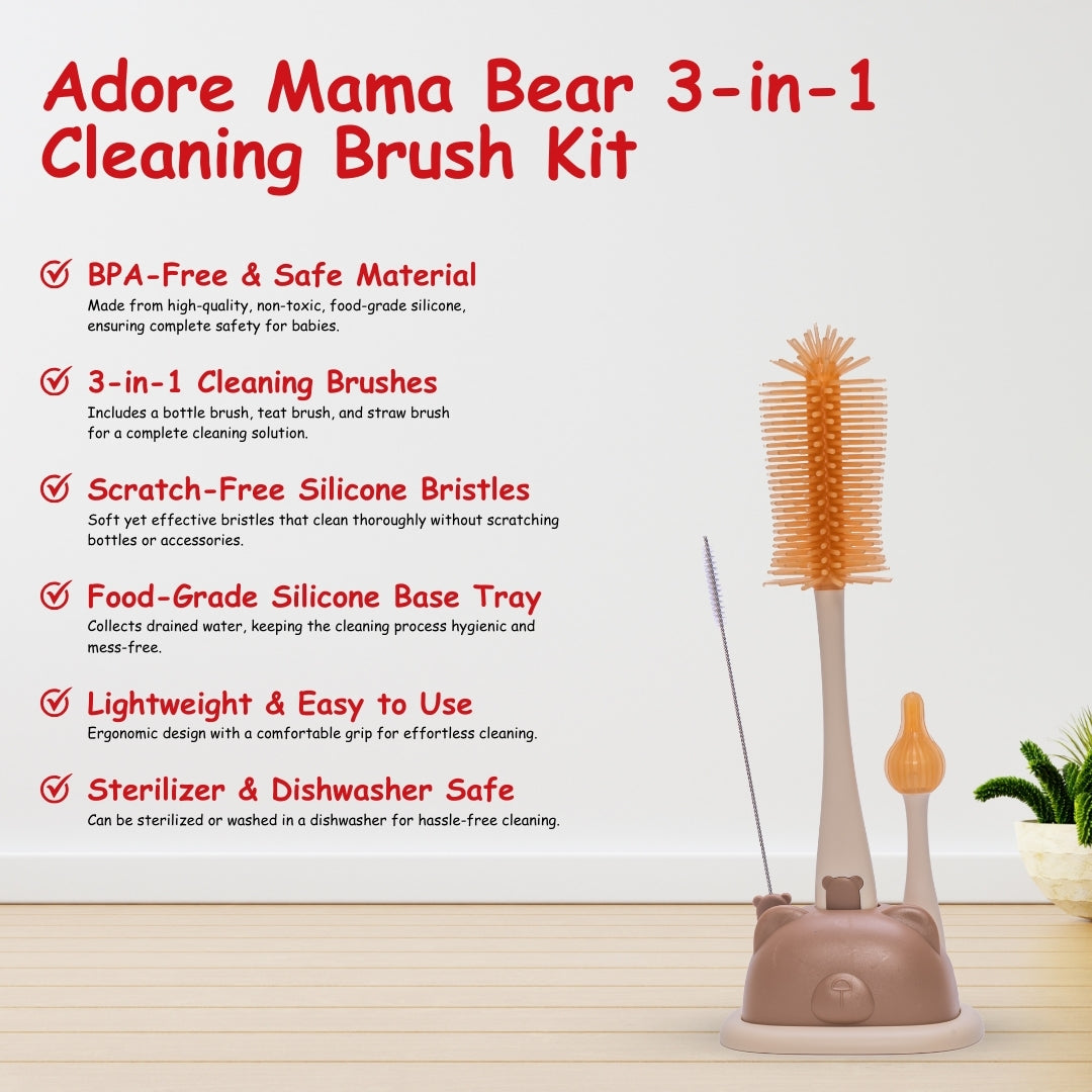 Adore Mama Bear 3 in 1 Silicon Bottle Cleaning Brush Kit- Brown