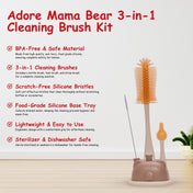 Adore Mama Bear 3 in 1 Silicon Bottle Cleaning Brush Kit- Brown