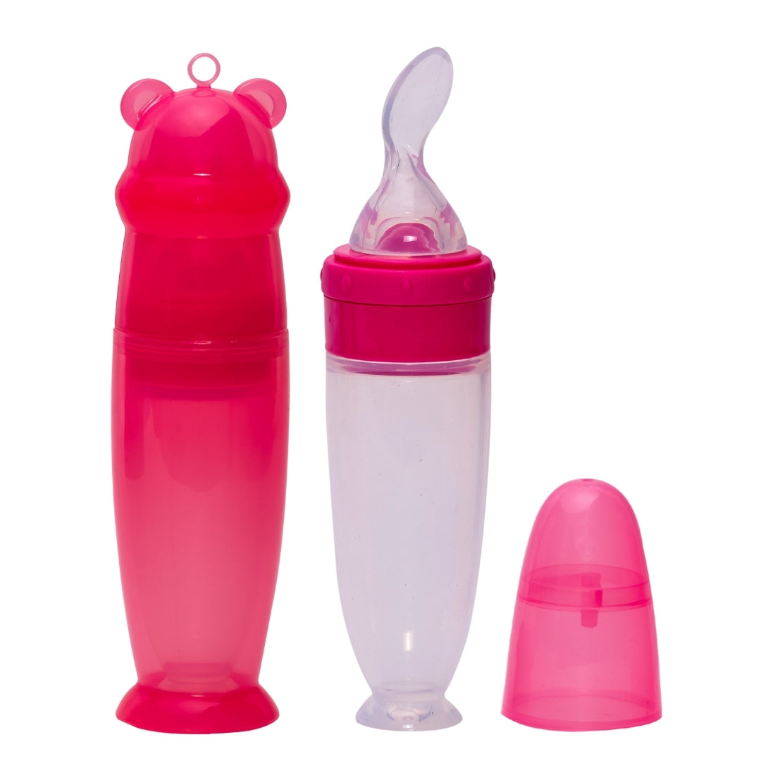 Adore Mr.Bear Baby Premium Silicon Squeeze Feeder with Cap & Storage Case- 100ml- Pink