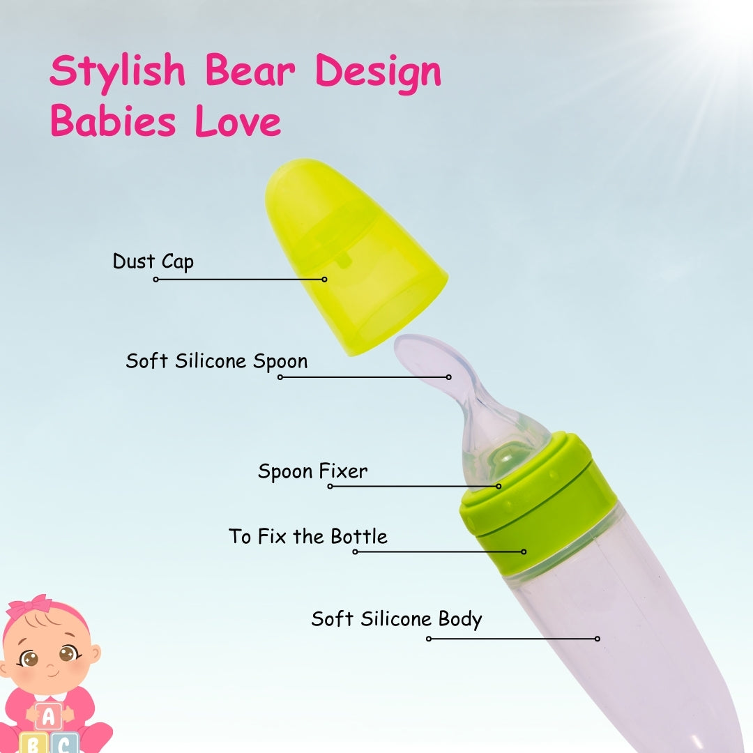 Adore Mr.Bear Baby Premium Silicon Squeeze Feeder with Cap & Storage Case- 100ml- Green