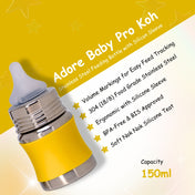 Adore Koh Stainless Steel Wide Neck Feeding Bottle with Silicon Sleeve - 150ml Yellow