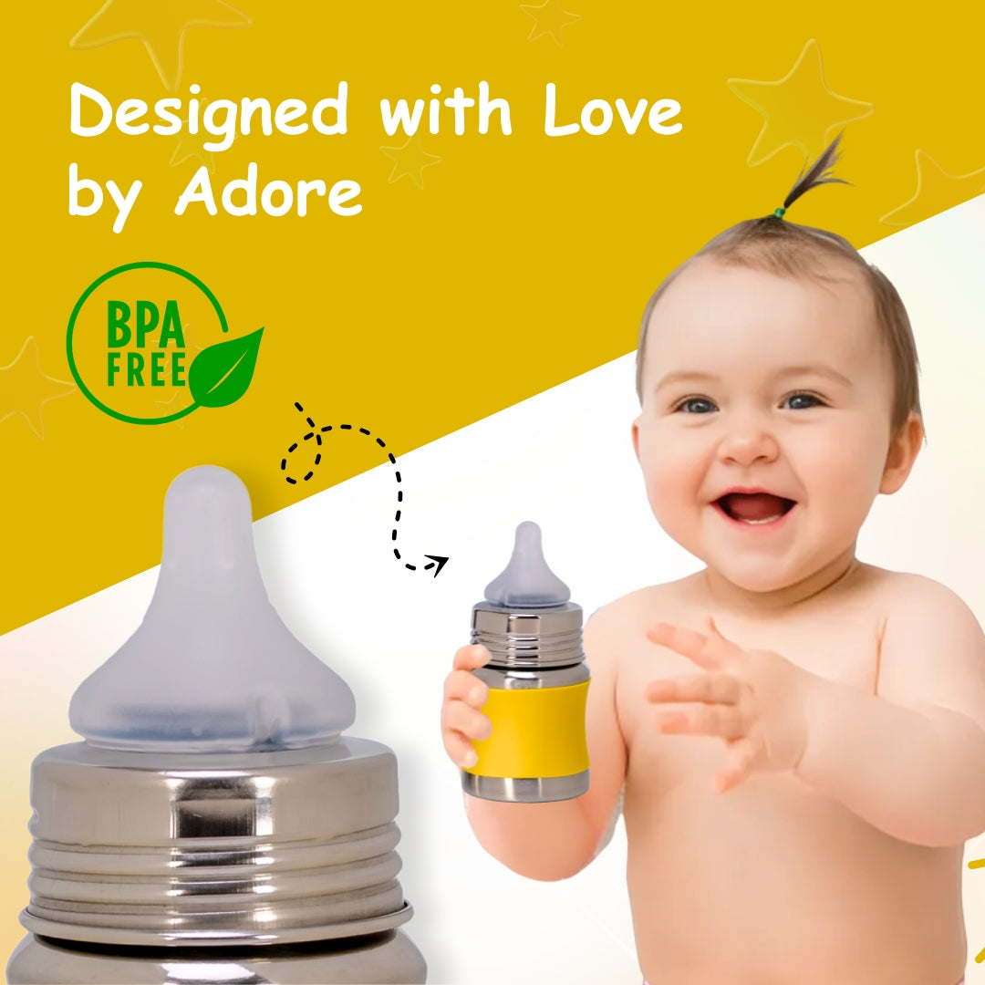 Adore Koh Stainless Steel Wide Neck Feeding Bottle with Silicon Sleeve - 150ml Yellow