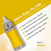 Adore Koh Stainless Steel Wide Neck Feeding Bottle with Silicon Sleeve- 250ml Yellow