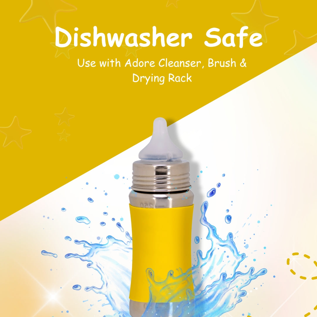 Adore Koh Stainless Steel Wide Neck Feeding Bottle with Silicon Sleeve- 250ml Yellow