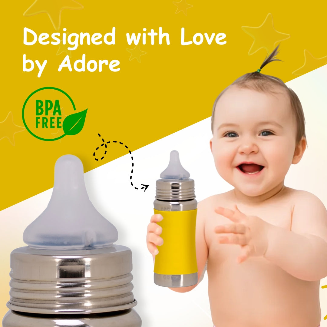 Adore Koh Stainless Steel Wide Neck Feeding Bottle with Silicon Sleeve- 250ml Yellow