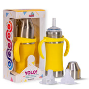 Adore Yolo! The 3 in 1 Wideneck Stainless Steel Feeding Bottle with Silicon Sleeve- 250ml - Yellow